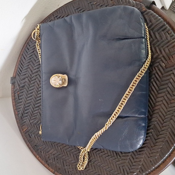 Vtg Ruth E.Saltz navy & gold Crossbody Leather Bag - Picture 8 of 11